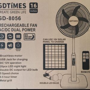Ventilador Gd-8056 Recargable Solar 16 Pulgadas Luz Led Usb