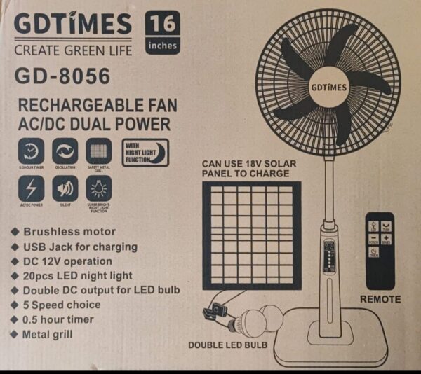 Ventilador Gd-8056 Recargable Solar 16 Pulgadas Luz Led Usb